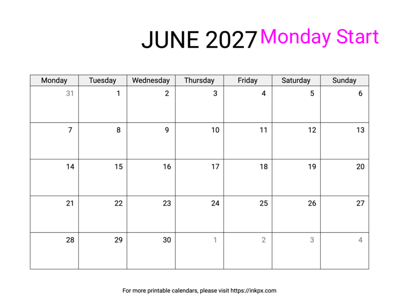 Free Printable Simple June 2027 Calendar (Monday Start)
