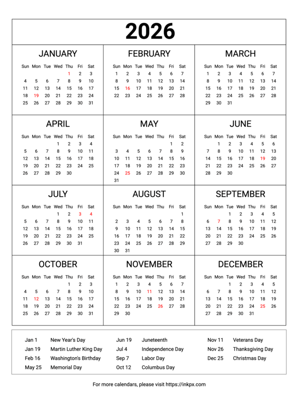 Free Printable Minimalist Table 2026 Yearly Calendar with Highlighted US Holiday