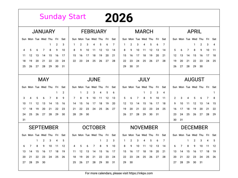 Free Printable Minimalist Table 2026 Yearly Calendar (Landscape, Sunday Start)