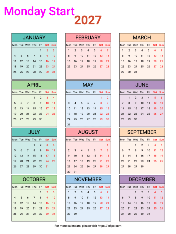 Free Printable Weekend Highlight Colorful Table 2027 Calendar (Monday First)