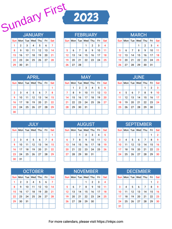 Printable Grid 2023 Calendar (Sunday First) · InkPx