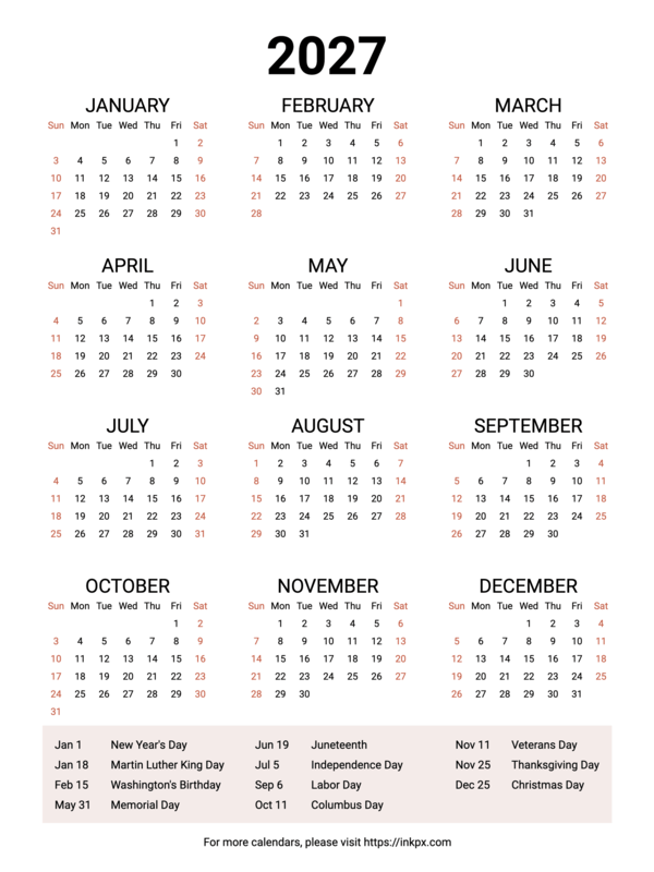 Free Printable Weekend Highlighted 2027 Calendar with US Holiday