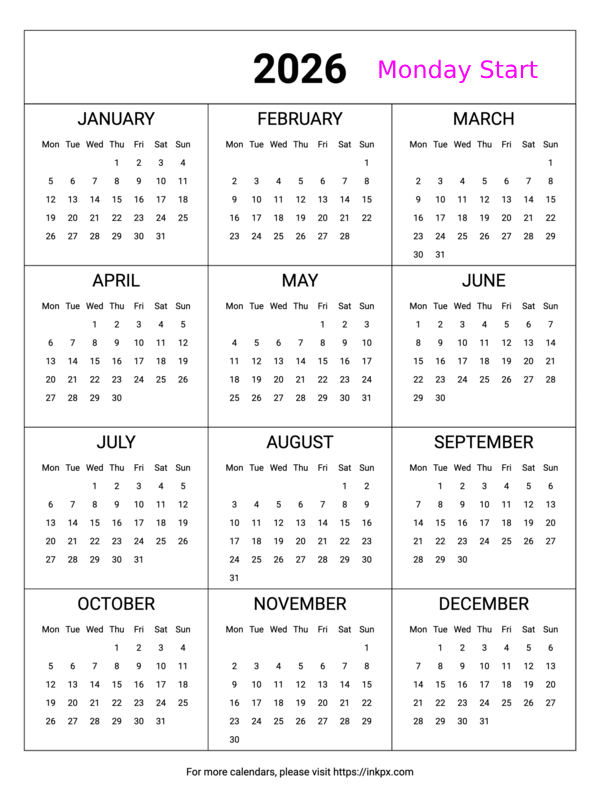 Free Printable Minimalist Table 2026 Calendar (Monday Start)