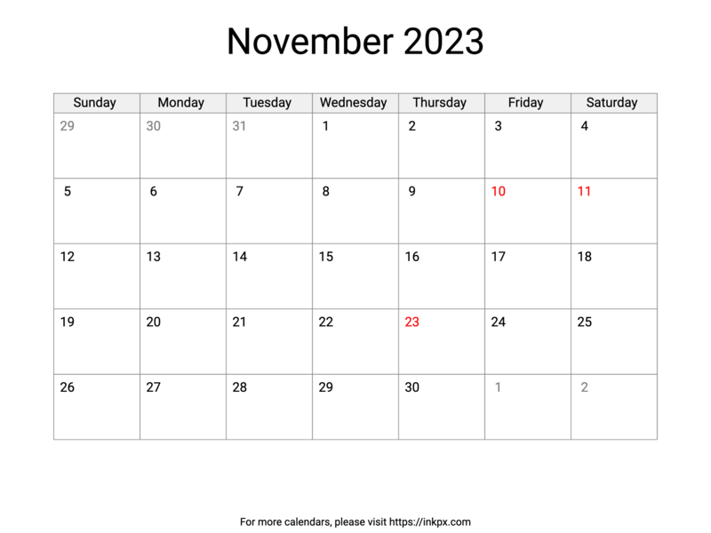 Printable November 2023 Calendar with US Holidays