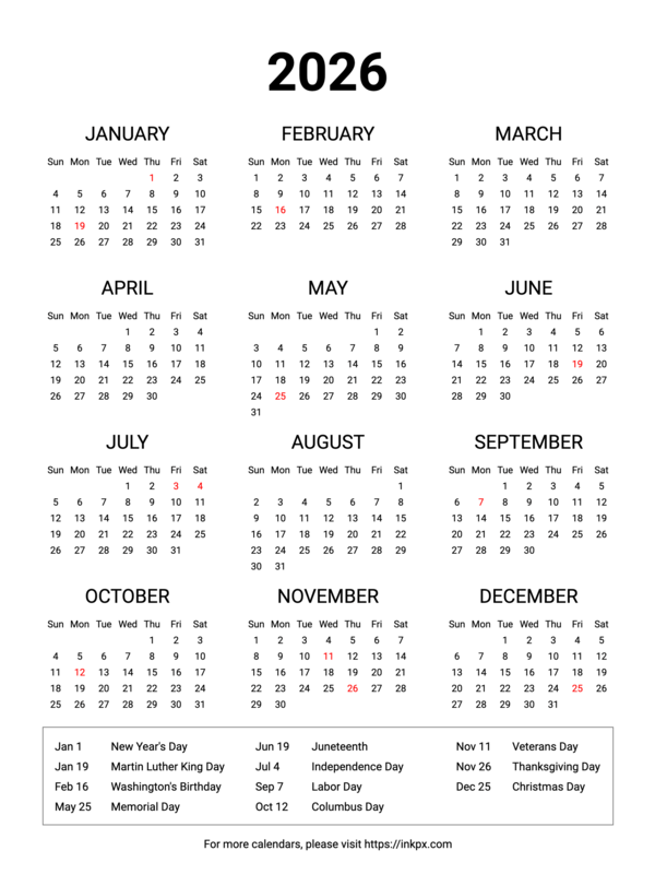 Free Printable Minimalist 2026 Yearly Calendar with Highlighted US Holiday