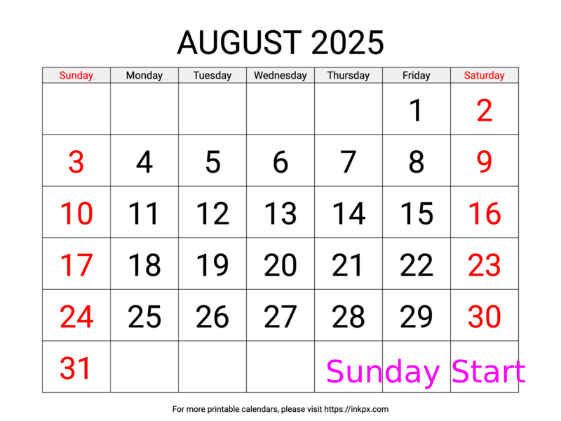 Free Printable Large Weekend Highlighted August 2025 Calendar (Sunday Start)