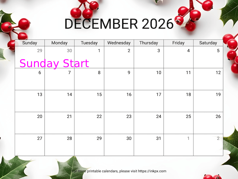 Free Printable Holly Background December 2026 Calendar (Sunday Start)