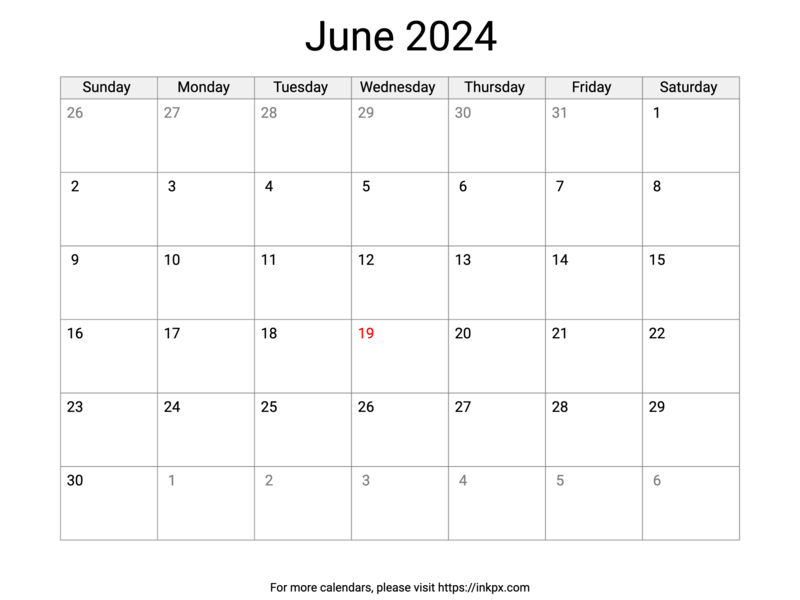 Printable June 2024 Calendar with US Holidays · InkPx