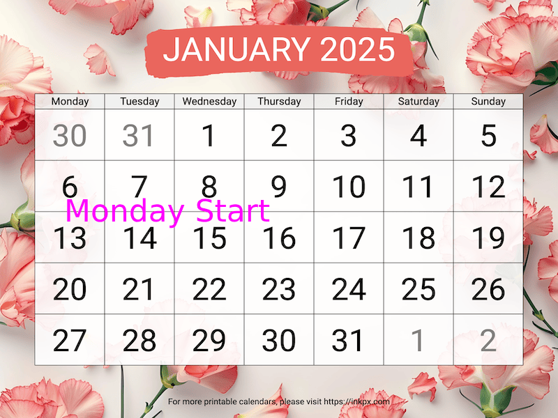 Free Printable Carnation Background Large January 2025 Calendar (Monday Start)