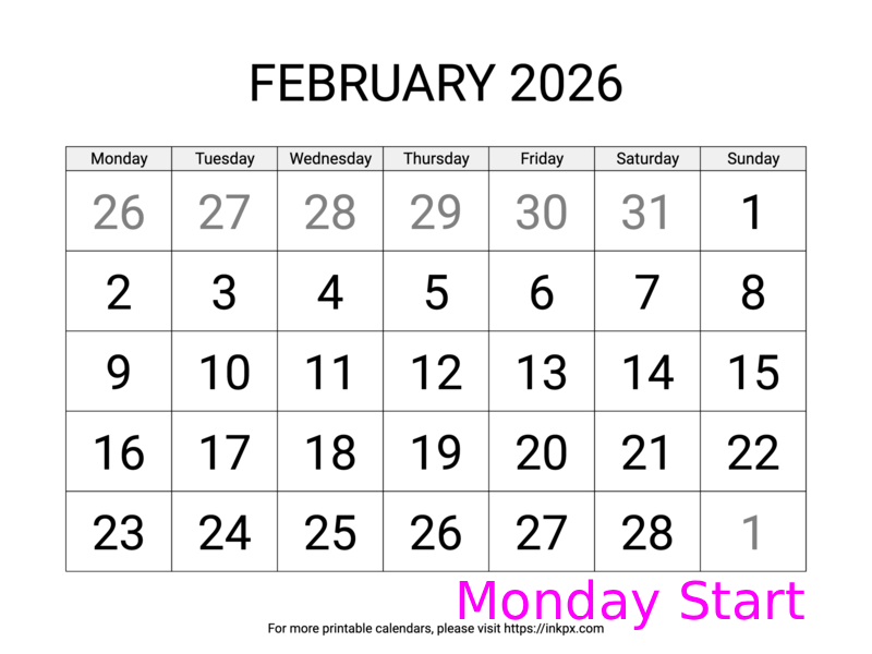 Free Printable Large February 2026 Calendar (Monday Start)
