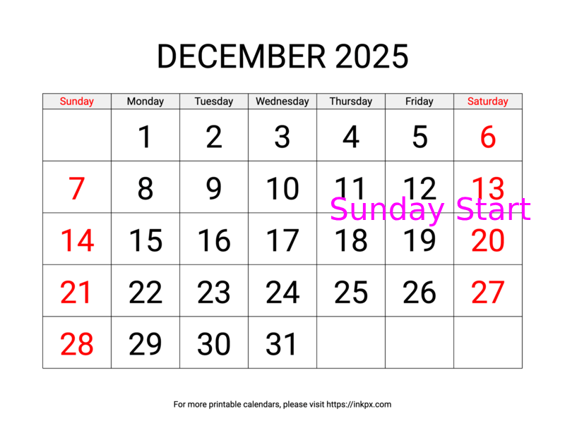 Free Printable Large Weekend Highlighted December 2025 Calendar (Sunday Start)