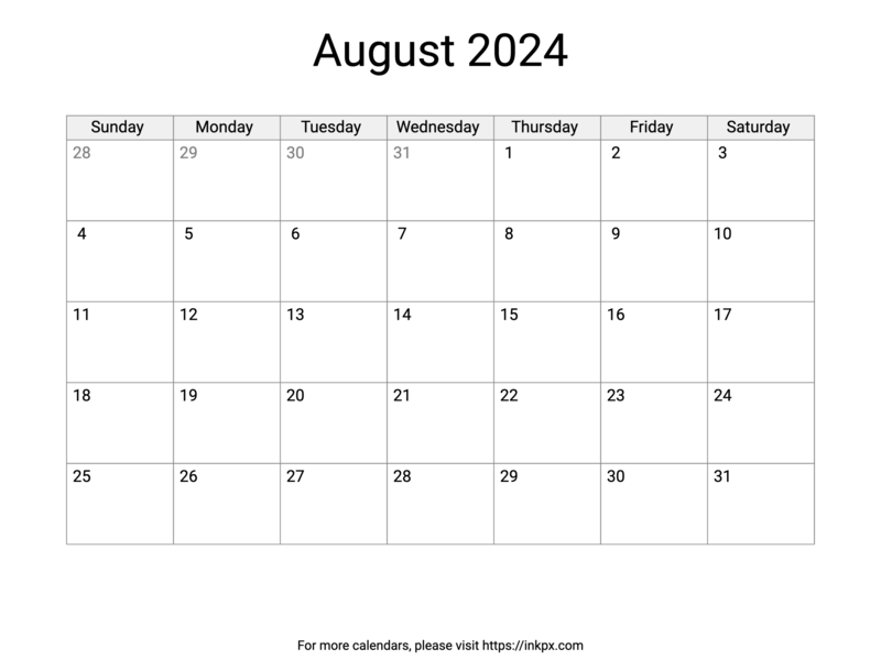 Printable August 2024 Calendar with US Holidays · InkPx