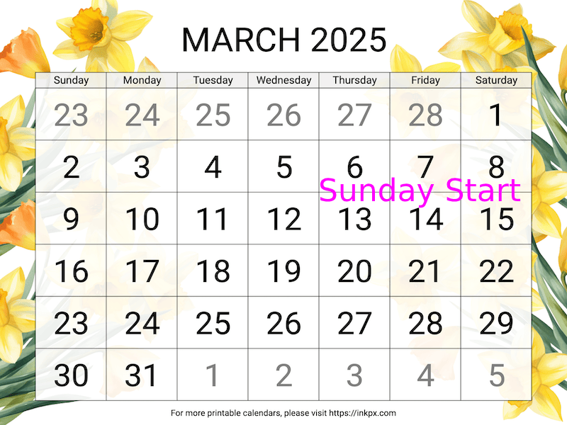 Free Printable Large Daffodil March 2025 Calendar (Sunday Start)