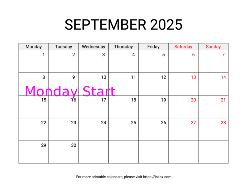 Free Printable Weekend Highlighted September 2025 Calendar (Monday Start)