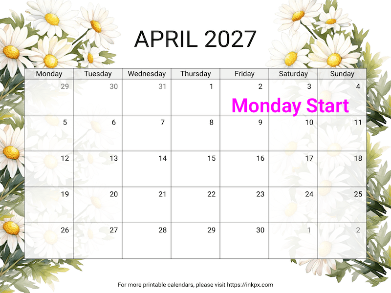 Free Printable Daisy April 2027 Calendar (Monday Start)