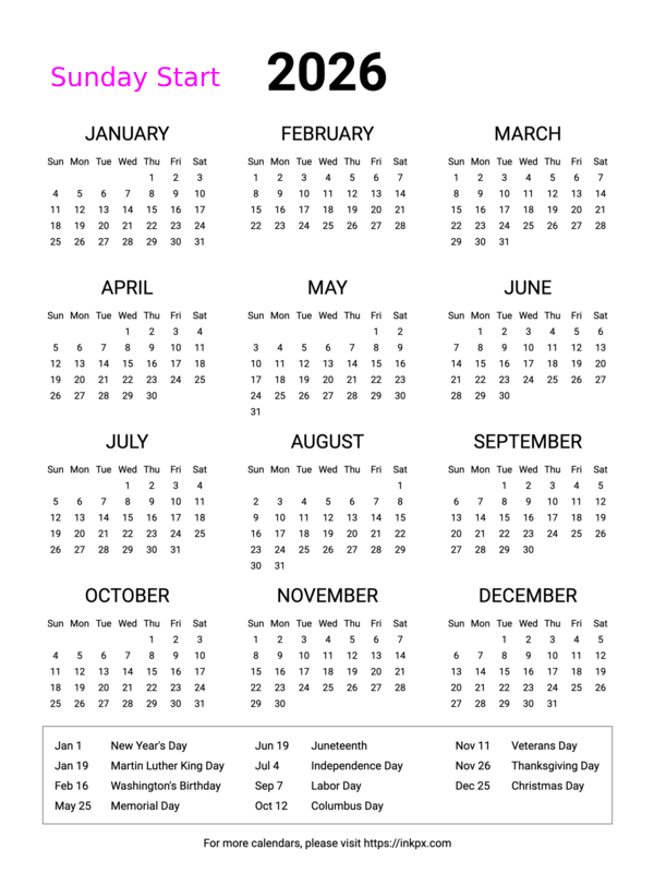 Free Printable Minimalist 2026 Yearly Calendar with US Holiday