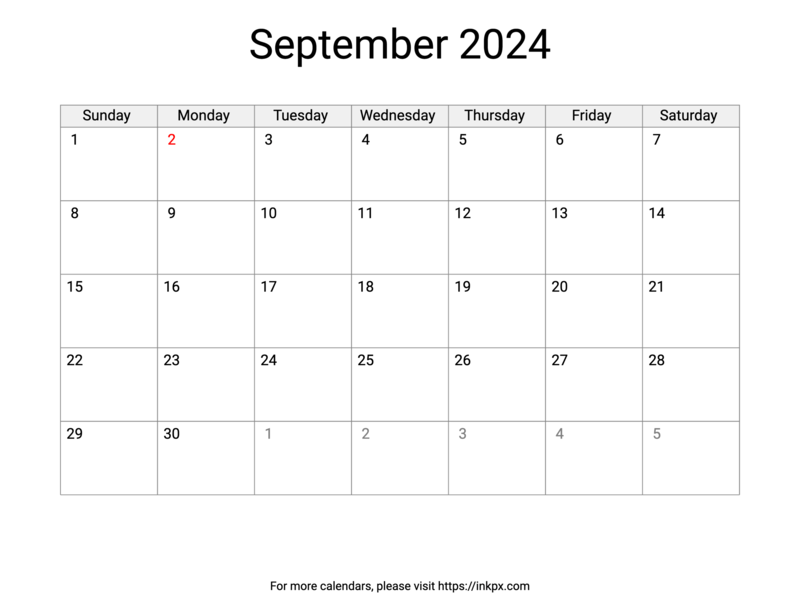 Printable September 2024 Calendar with US Holidays · InkPx