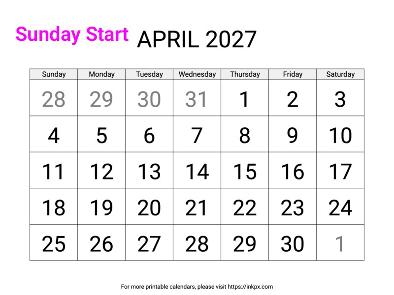 Free Printable Large April 2027 Calendar (Sunday Start)