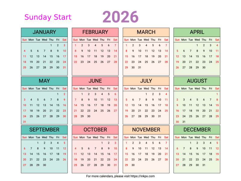 Free Printable Weekend Highlight Colorful 2026 Calendar (Landscape, Sunday First)