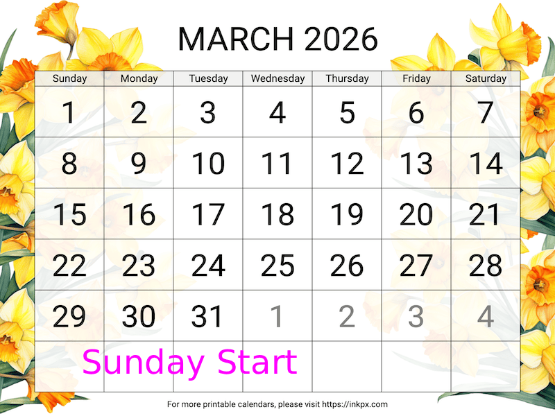 Free Printable Large Daffodil Background March 2026 Calendar (Sunday Start)