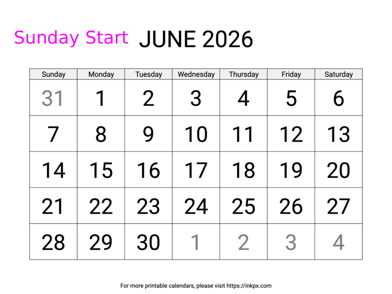 Free Printable Large June 2026 Calendar (Sunday Start)