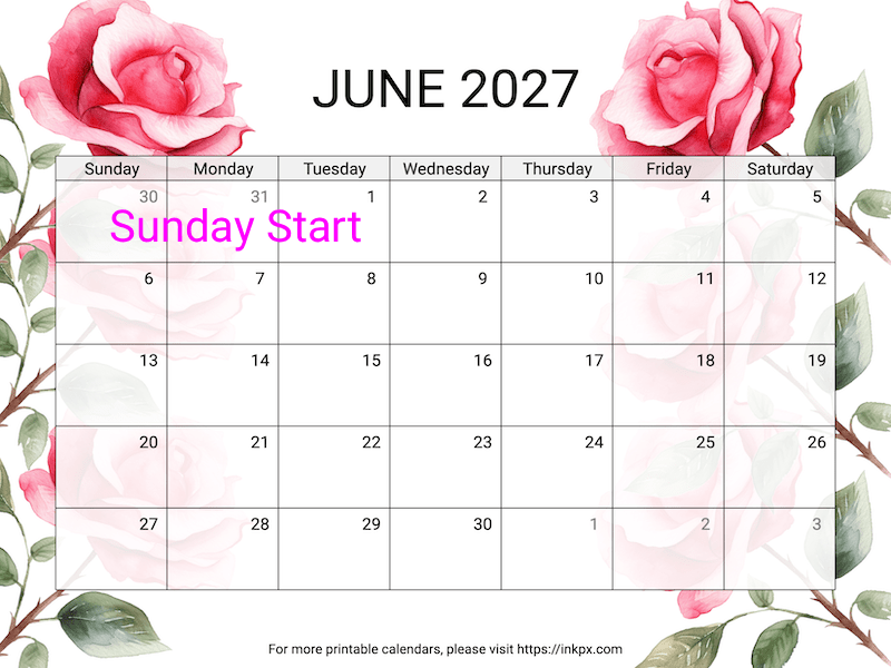 Free Printable Rose June 2027 Calendar (Sunday Start)