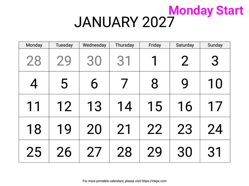 Free Printable Large Font January 2027 Calendar (Monday Start)