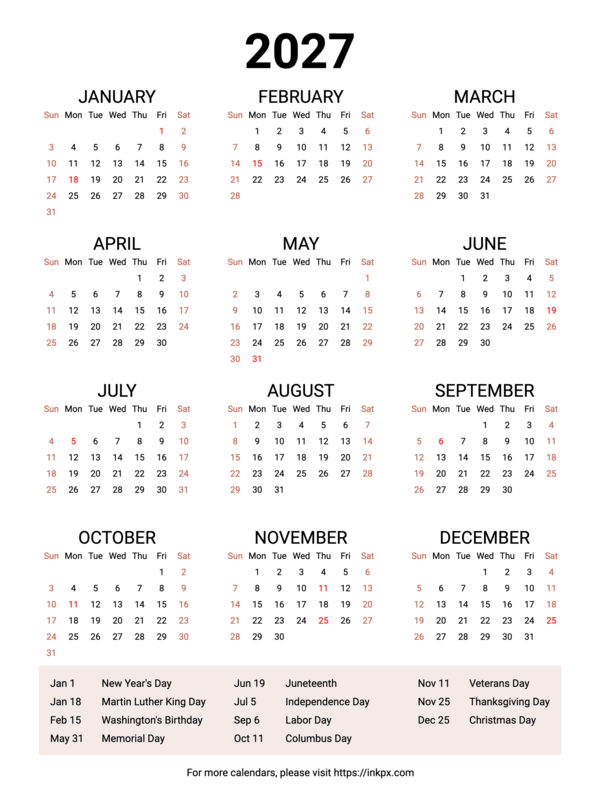 Free Printable Weekend Highlighted 2027 Calendar with Highlighted US Holiday