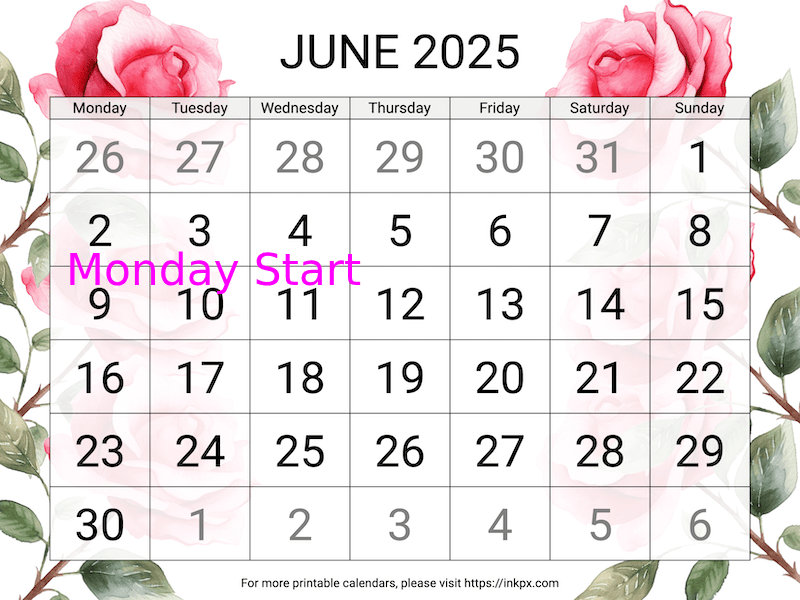 Free Printable Large Rose June 2025 Calendar (Monday Start)