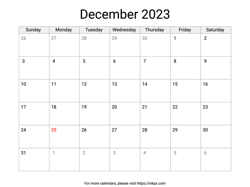 Printable December 2023 Calendar with US Holidays · InkPx