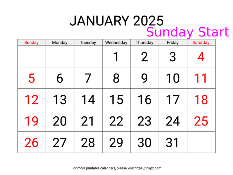 Free Printable Large Font Weekend Highlighted January 2025 Calendar (Sunday Start)