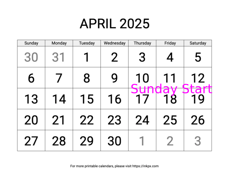 Free Printable Large April 2025 Calendar (Sunday Start)