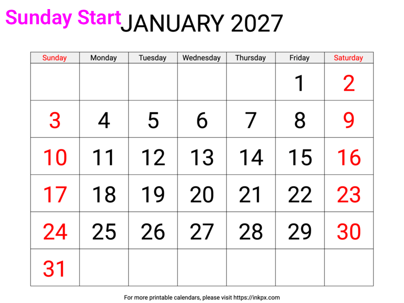 Free Printable Large Weekend Highlighted January 2027 Calendar (Sunday Start)