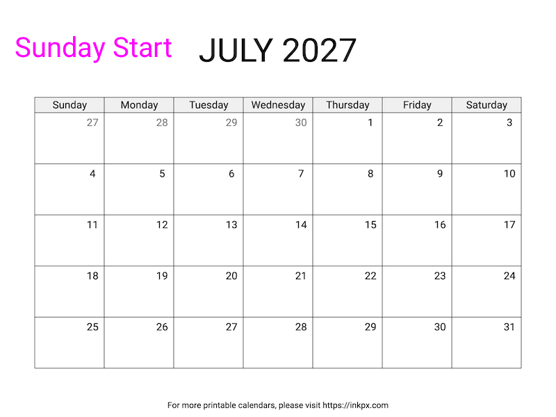 Free Printable Simple July 2027 Calendar (Sunday Start)