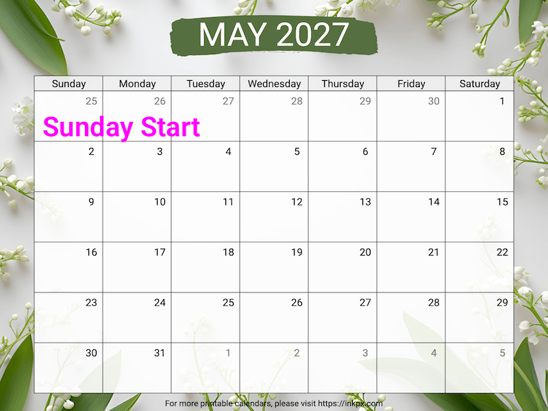 Free Printable Lily of the Valley Background May 2027 Calendar (Sunday Start)