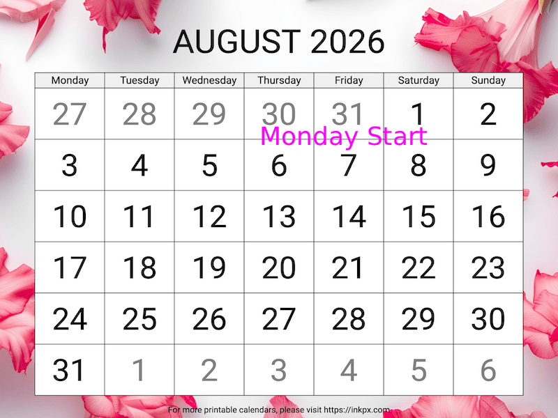 Free Printable Large Gladiolus Background August 2026 Calendar (Monday Start)