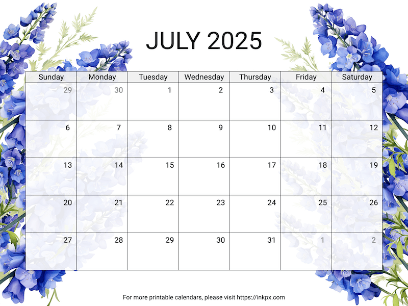 Free Printable Delphinium July 2025 Calendar (Sunday Start)