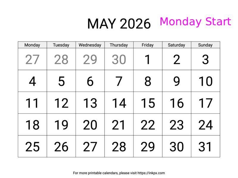 Free Printable Large May 2026 Calendar (Monday Start)