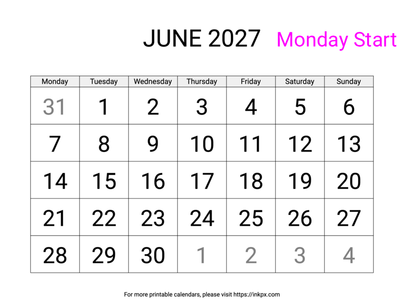 Free Printable Large June 2027 Calendar (Monday Start)