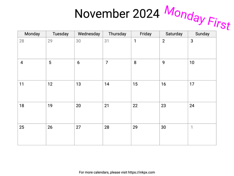 Printable Blank November 2024 Calendar (Monday First)