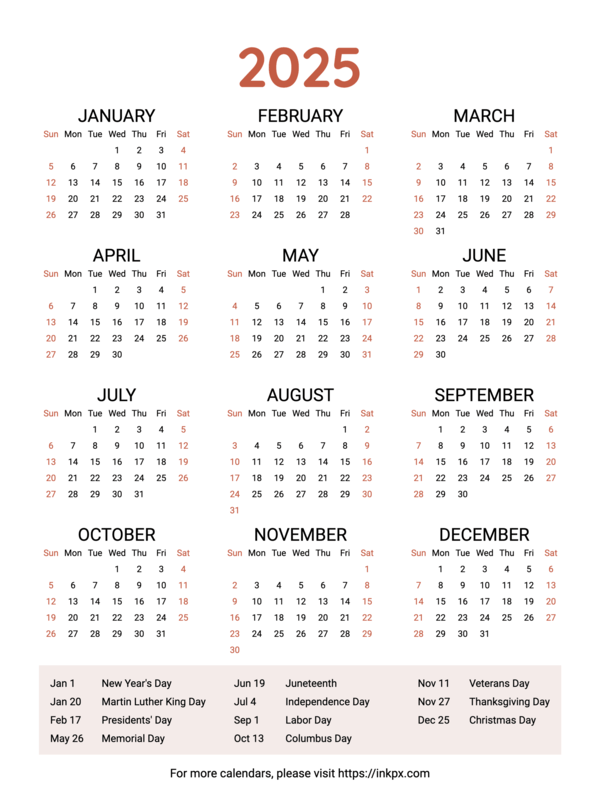 Free Printable Weekend Highlighted 2025 Calendar with US Holiday