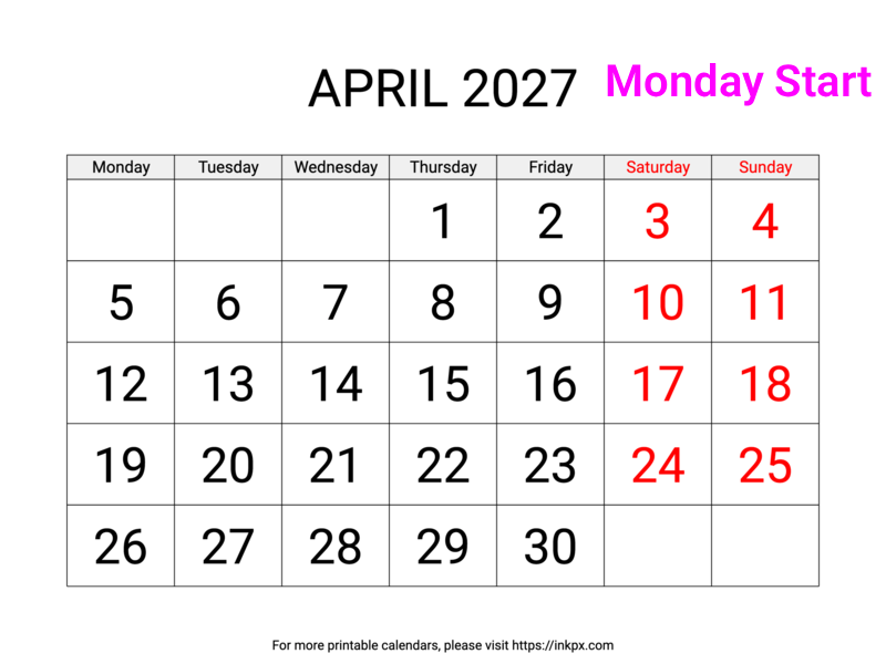 Free Printable Large Weekend Highlighted April 2027 Calendar (Monday Start)
