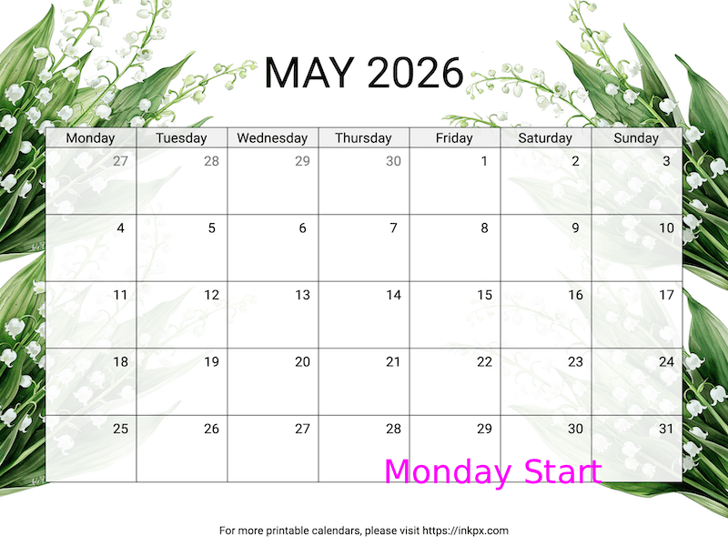 Free Printable Lily of the Valley May 2026 Calendar (Monday Start)