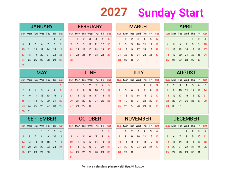 Free Printable Weekend Highlight Colorful 2027 Calendar (Landscape, Sunday First)