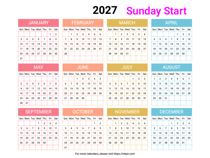 Free Printable Minimalist Colorful Table 2027 Calendar (Landscape, Sunday Start)