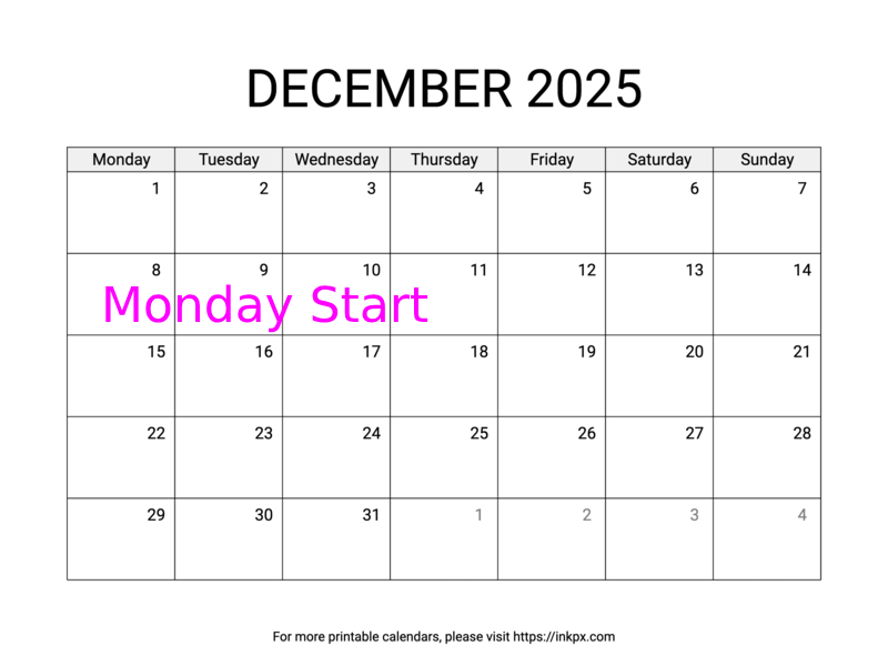 Free Printable Simple December 2025 Calendar (Monday Start)