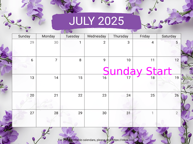 Free Printable Larkspur July 2025 Calendar (Sunday Start)