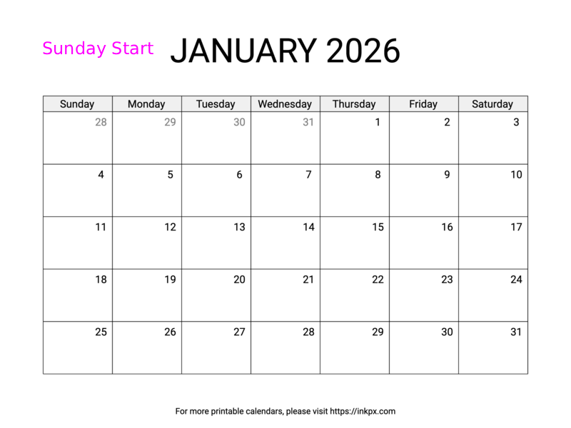 Free Printable Simple January 2026 Calendar (Sunday Start)