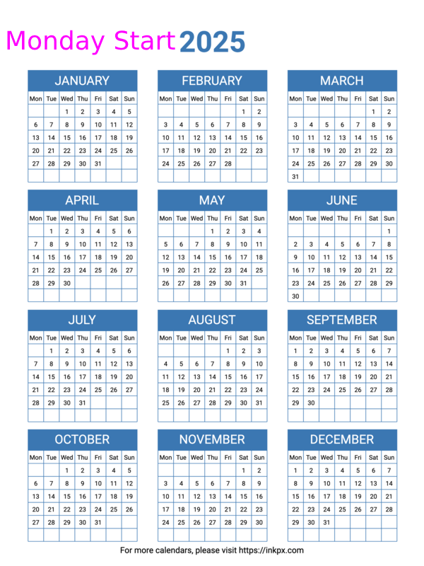 Free Printable Minimalist Color Table 2025 Yearly Calendar (Monday Start)