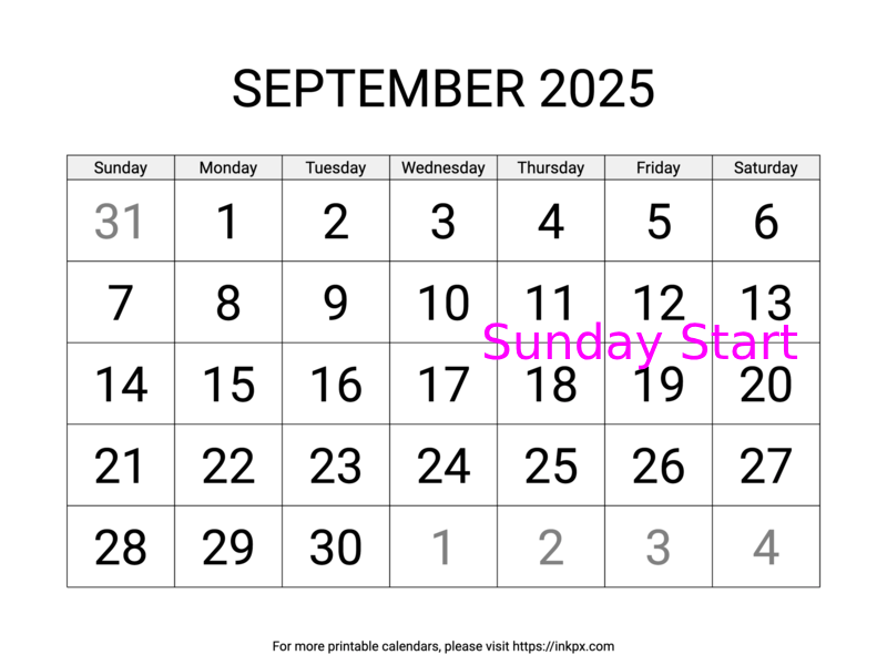 Free Printable Large September 2025 Calendar (Sunday Start)